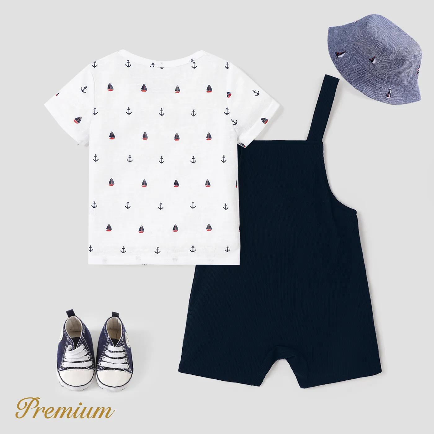 2pcs Toddler Boy Anchor Sailboat Print Short-sleeve Tee and Solid Overalls Shorts Set  image 4
