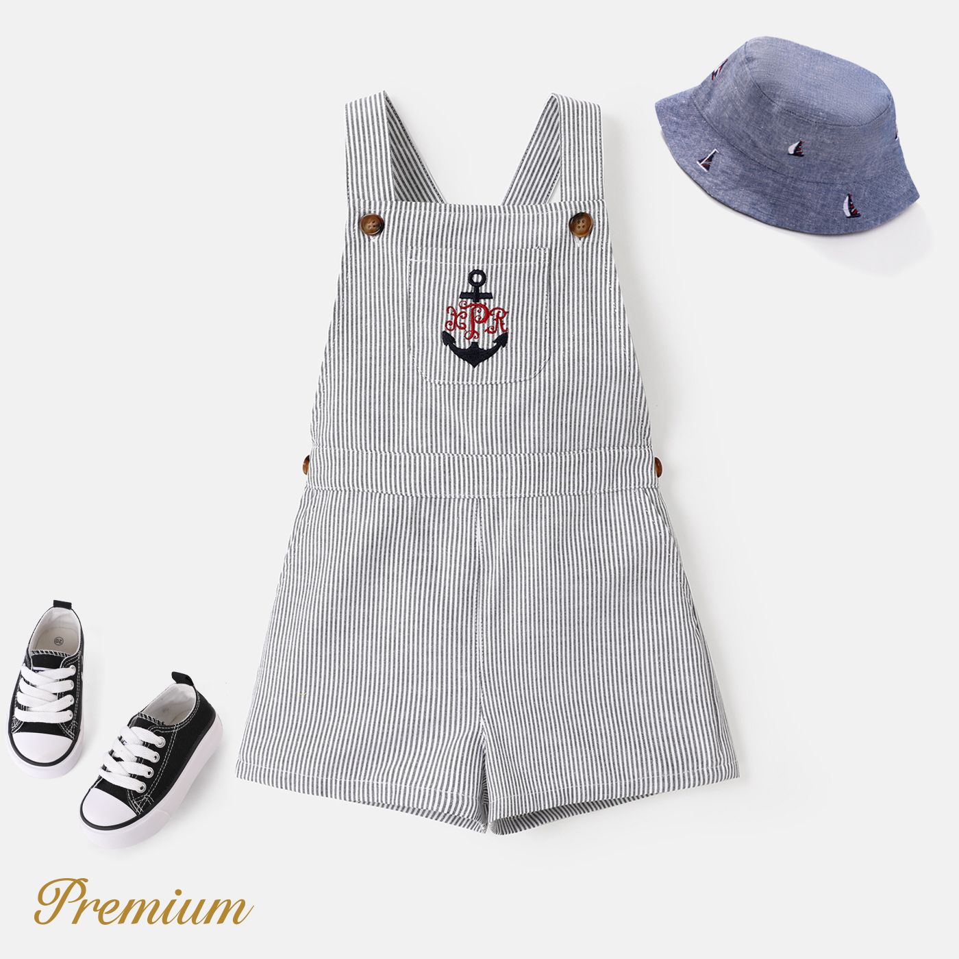 Toddler Girl/Boy Anchor Embroidered Patch Pocket Striped Overall Shorts