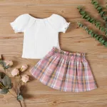 2pcs Baby Girl Front Buttons Ribbed Ruffle Puff-sleeve Top and Bow Decor Plaid Skirt Set PinkyWhite image 2