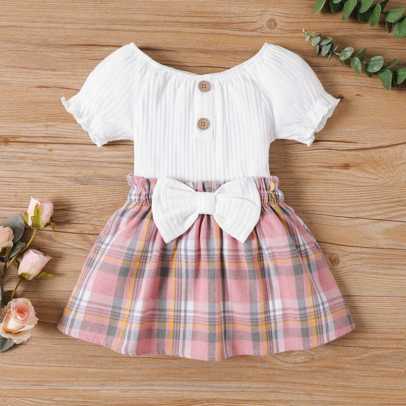 2pcs Baby Girl Front Buttons Ribbed Ruffle Puff-sleeve Top And Bow Decor Plaid Skirt Set