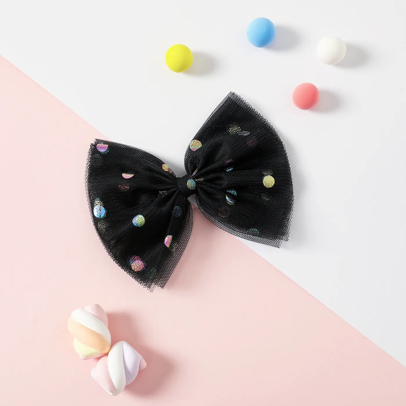Pinza de pelo con lazo de malla con decoración de lunares para niñas Negro