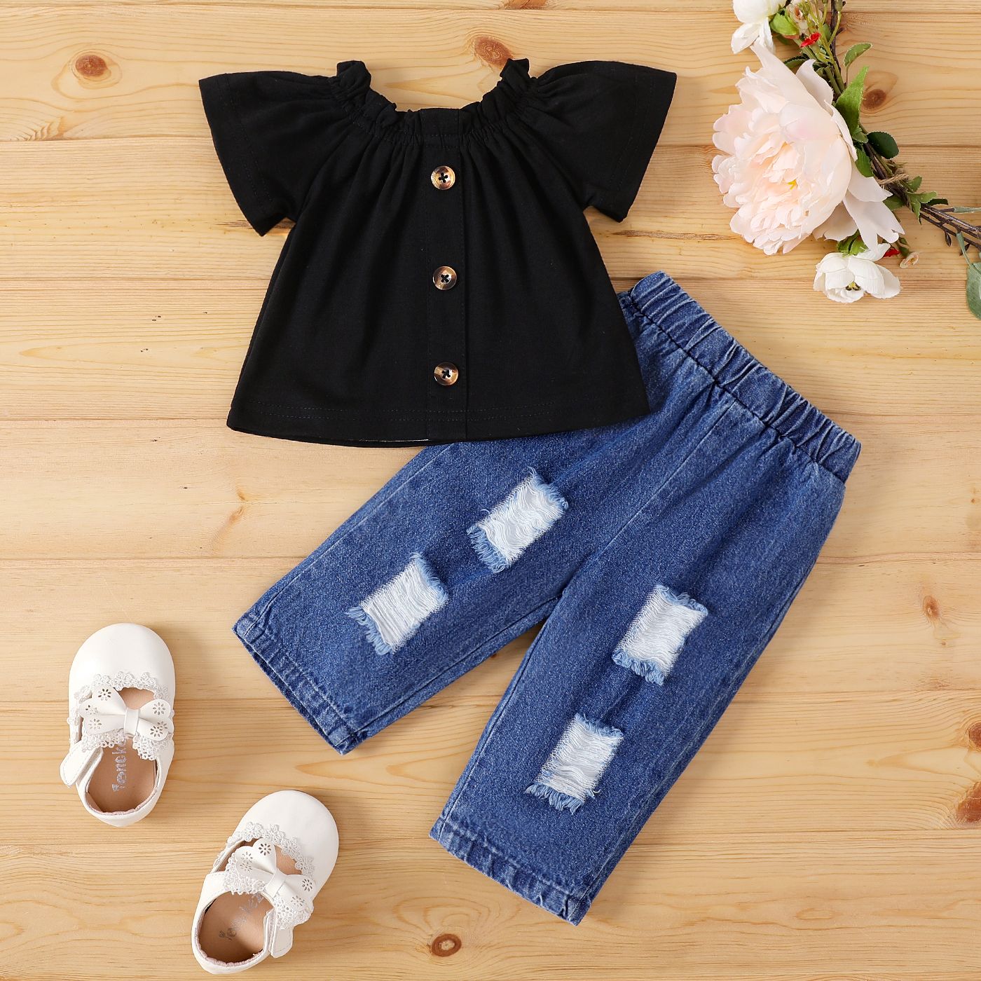 2pcs Baby Girl Ruffle Trim Short-sleeve Top and 100% Cotton Ripped Jeans Set