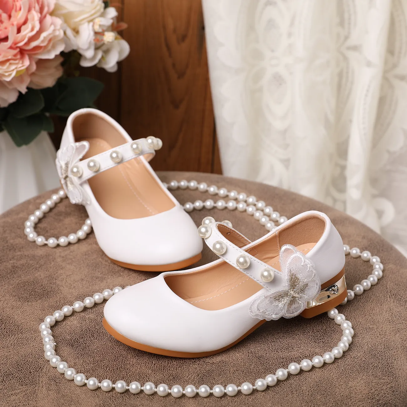 Toddler / Kid Butterfly & Faux Pearl Decor Chunky Heeled Mary Jane Shoes  big image 1