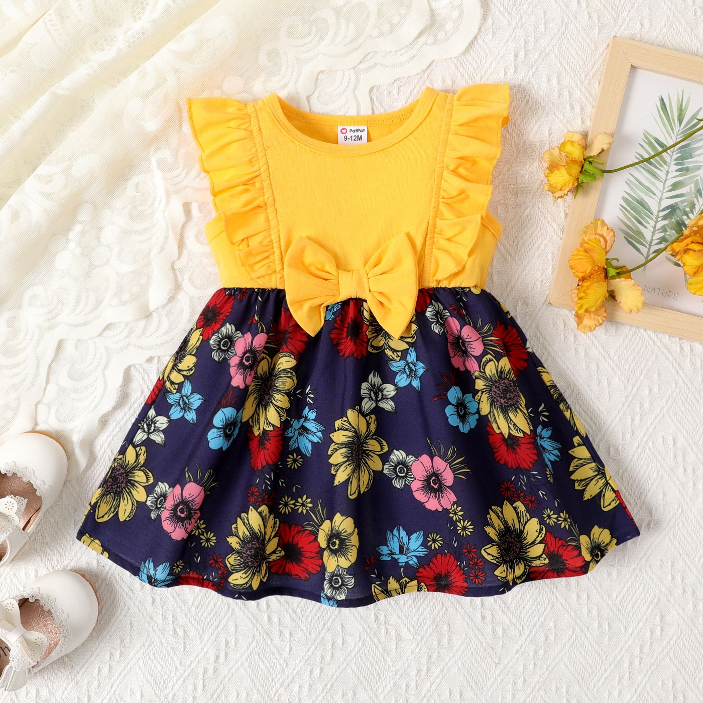 

Baby Girl Floral Print Bow Decor Ruffled Combo Tank Dress