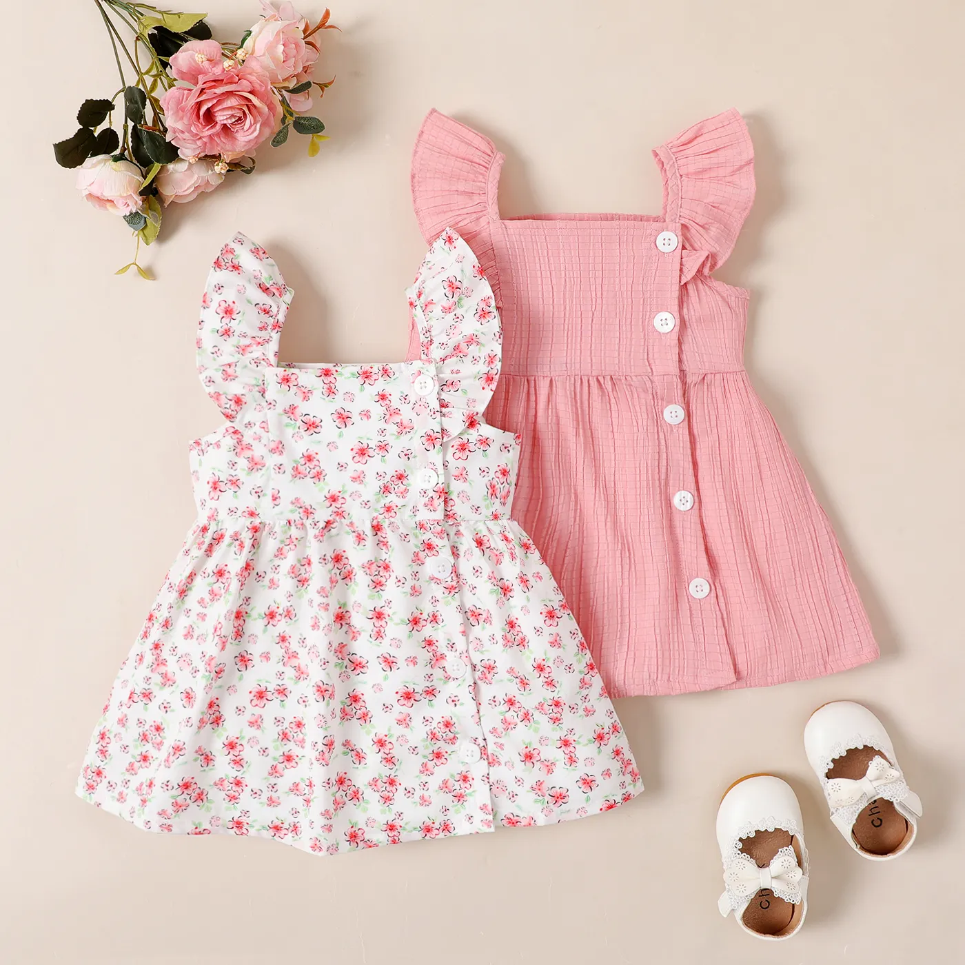 Baby Girl Floral Print / Solid Square Neck Flutter-sleeve Dress   big image 6