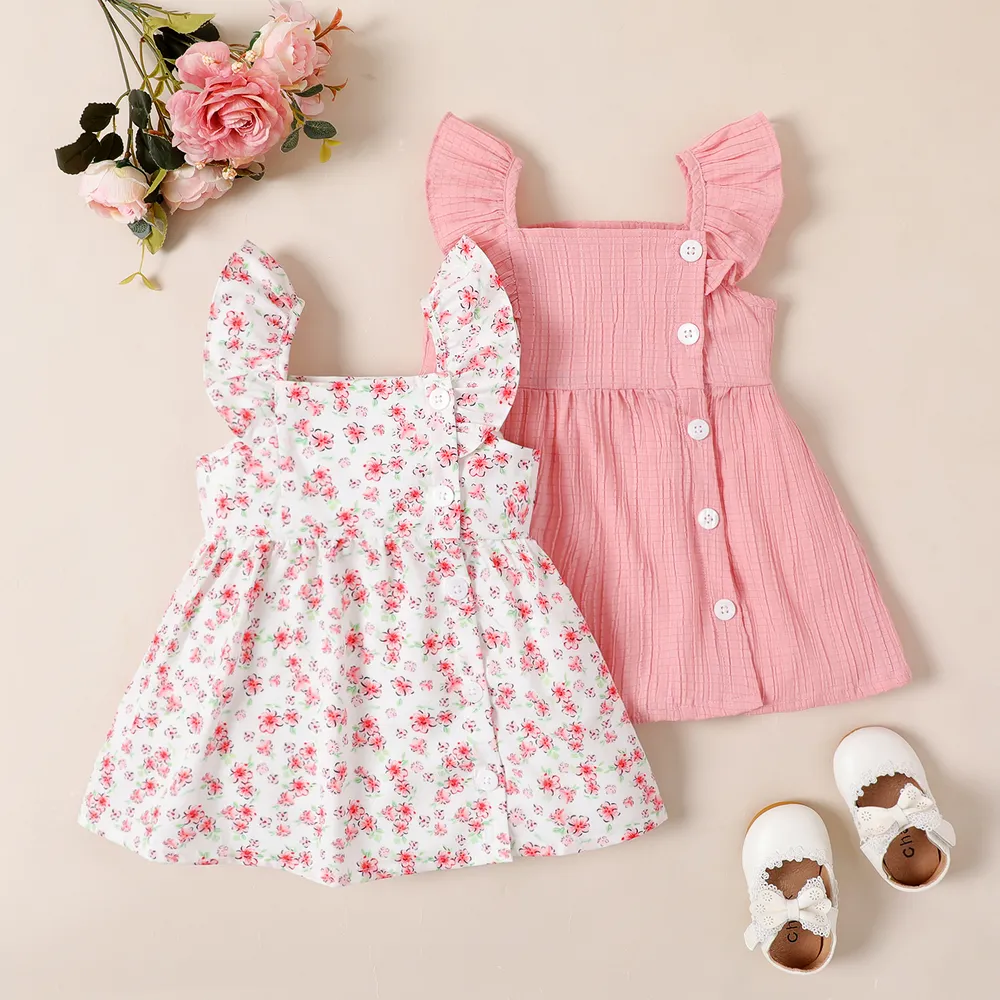 Baby Girl Floral Print / Solid Square Neck Flutter-sleeve Dress   big image 6