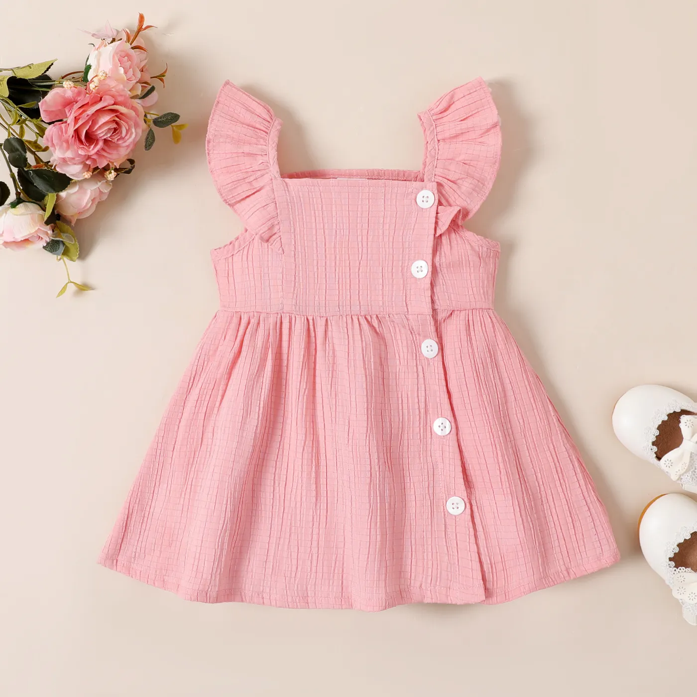 Baby Girl Floral Print / Solid Square Neck Flutter-sleeve Dress   image 1
