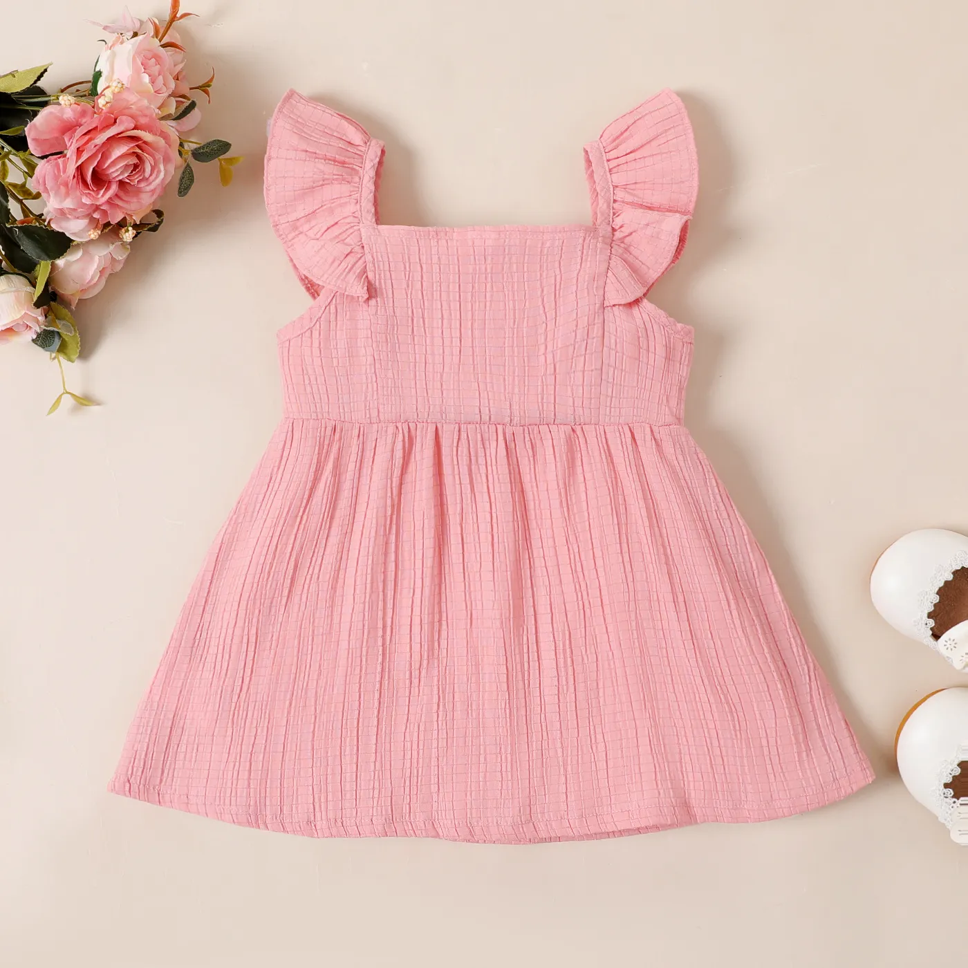 Baby Girl Floral Print / Solid Square Neck Flutter-sleeve Dress   image 2