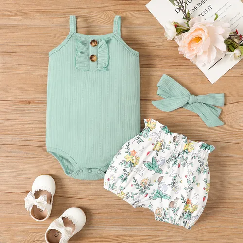 3pcs Baby Girl Green Ruffle Trim Rib-knit Cami Bodysuit & Rabbit Floral Print Shorts & Headband Set 
