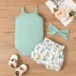 3pcs Baby Girl Green Ruffle Trim Rib-knit Cami Bodysuit & Rabbit Floral Print Shorts & Headband Set   image 2