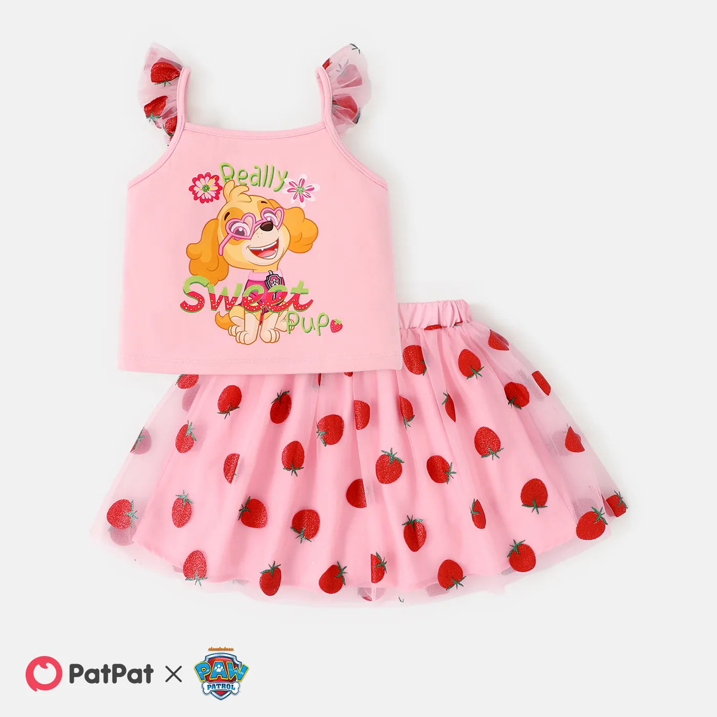 PAW Patrol Toddler Girl 2pcs Character Print Flutter-sleeve Top and Strawberry Pattern Mesh Overlay Skirt Set