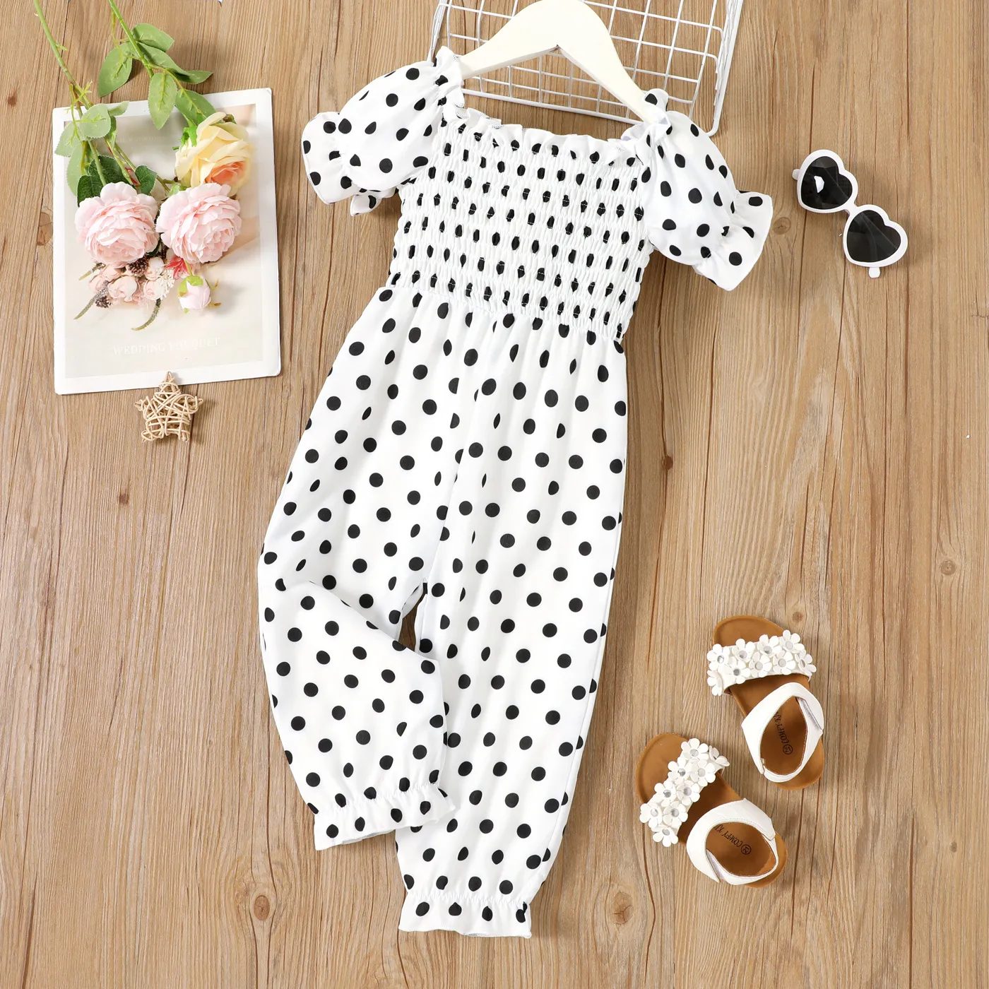 

Toddler Girl Allover Polka Dots Print Smocked Short-sleeve Jumpsuit
