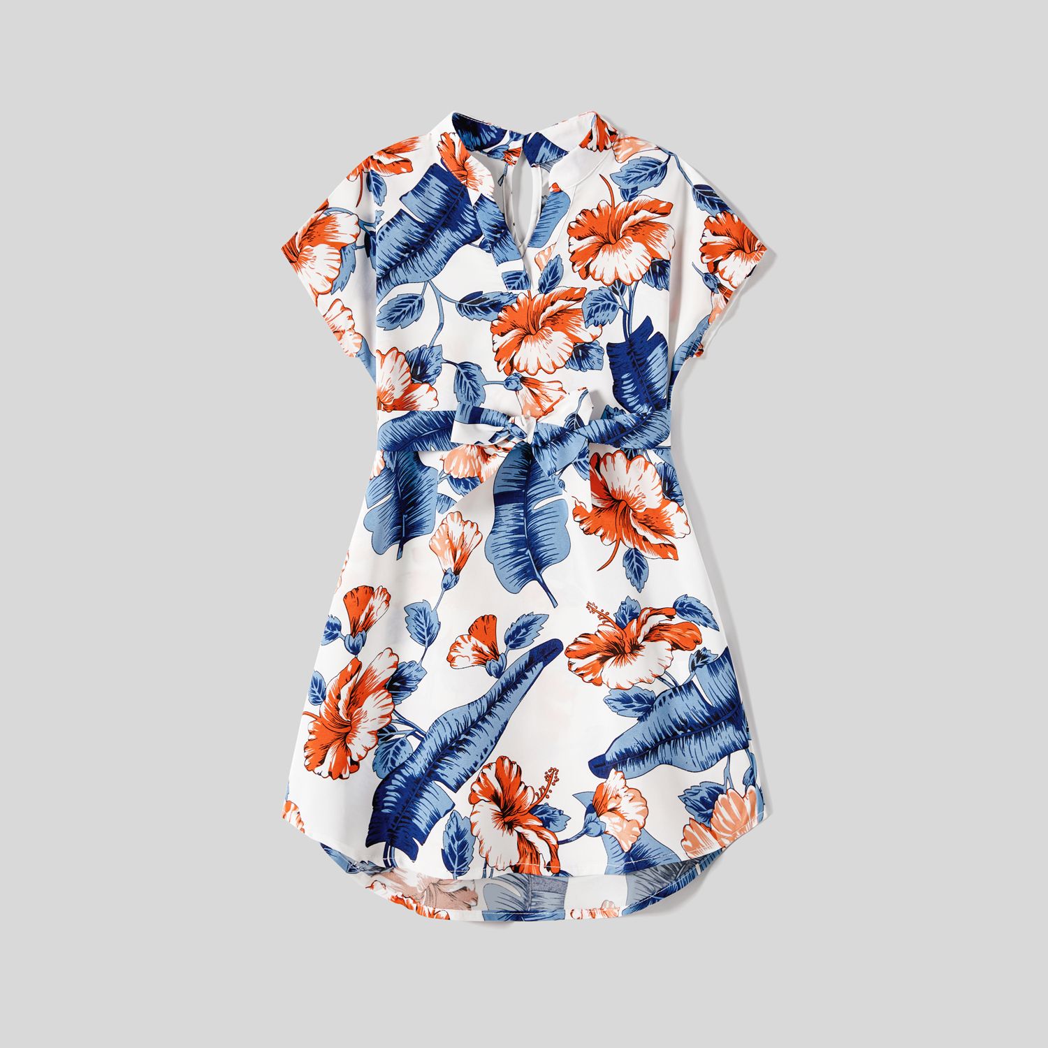 Family Matching Allover Floral Print Notched Neckline Belted Dresses and Cotton Colorblock Short-sle