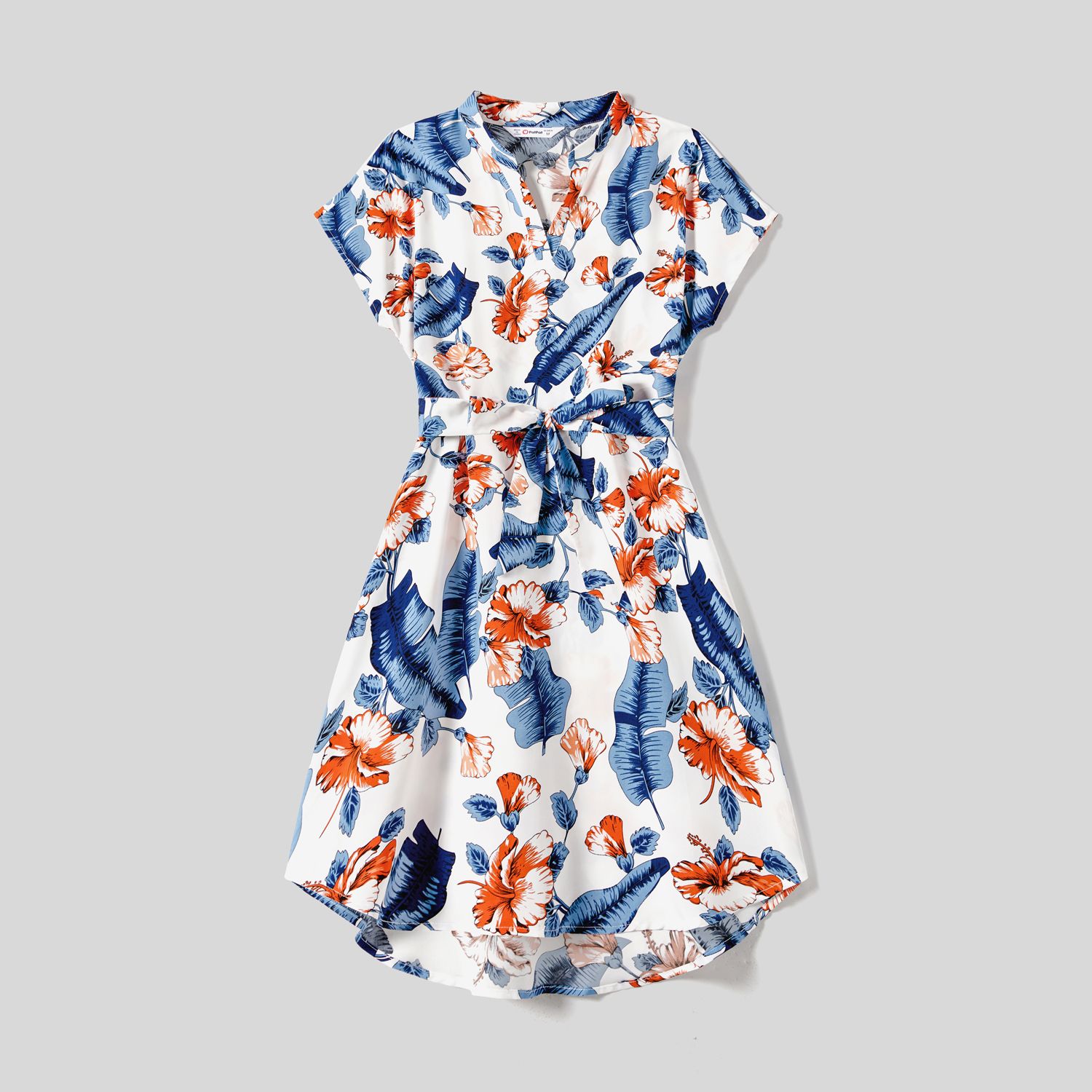 Family Matching Allover Floral Print Notched Neckline Belted Dresses and Cotton Colorblock Short-sle