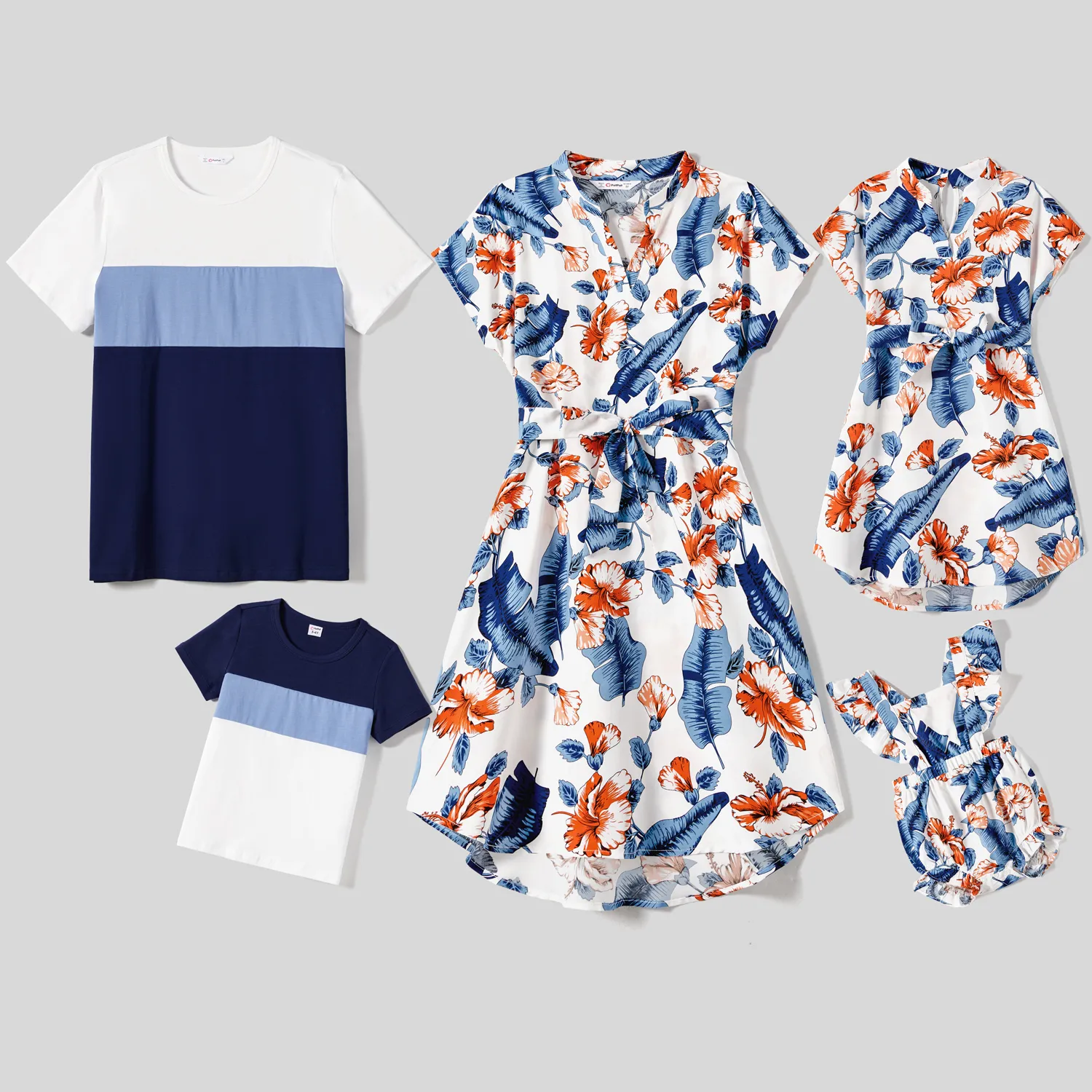 Family Matching Allover Floral Print Notched Neckline Belted Dresses and Cotton Colorblock Short-sleeve T-shirts Sets ColorBlock image 2