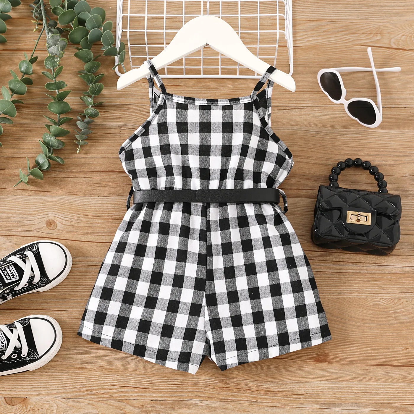 Toddler Girl Plaid Belted Romper Shorts  BlackandWhite image 2