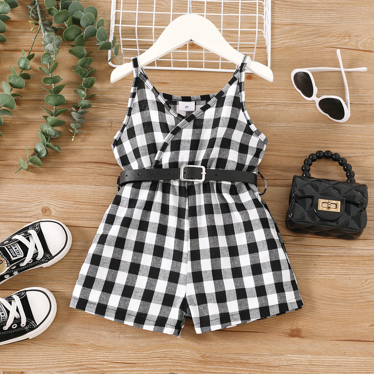 Toddler Girl Plaid Belted Romper Shorts BlackandWhite big image 1