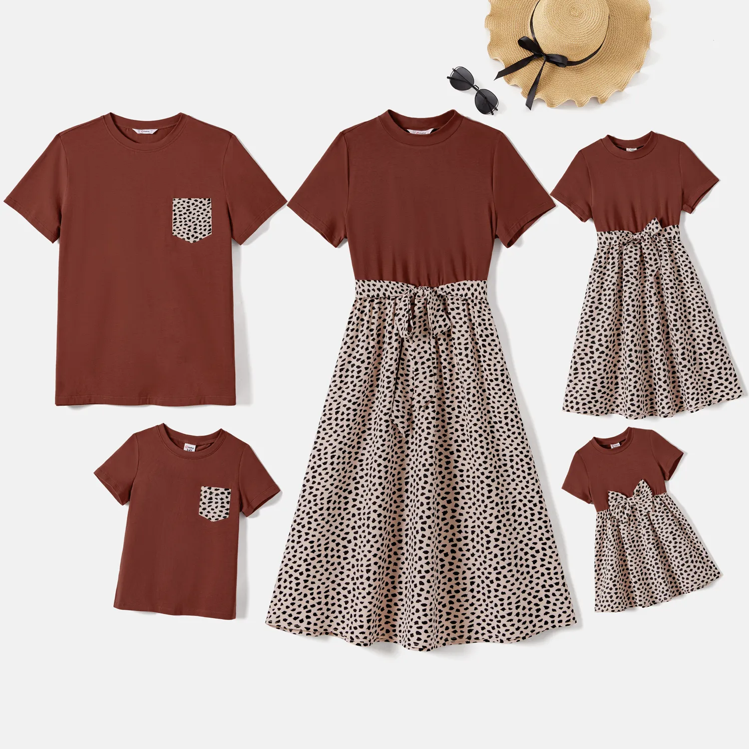 Family Matching Leopard Print Splice Brown Dresses And 94% Cotton Short-sleeve T-shirts Sets