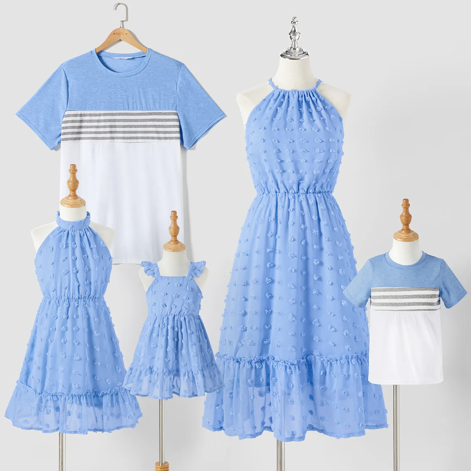 Family Matching Blue Swiss Dot Textured Halter Neck Sleeveless Dresses and Short-sleeve Striped Colorblock T-shirts Sets Light Blue image 2