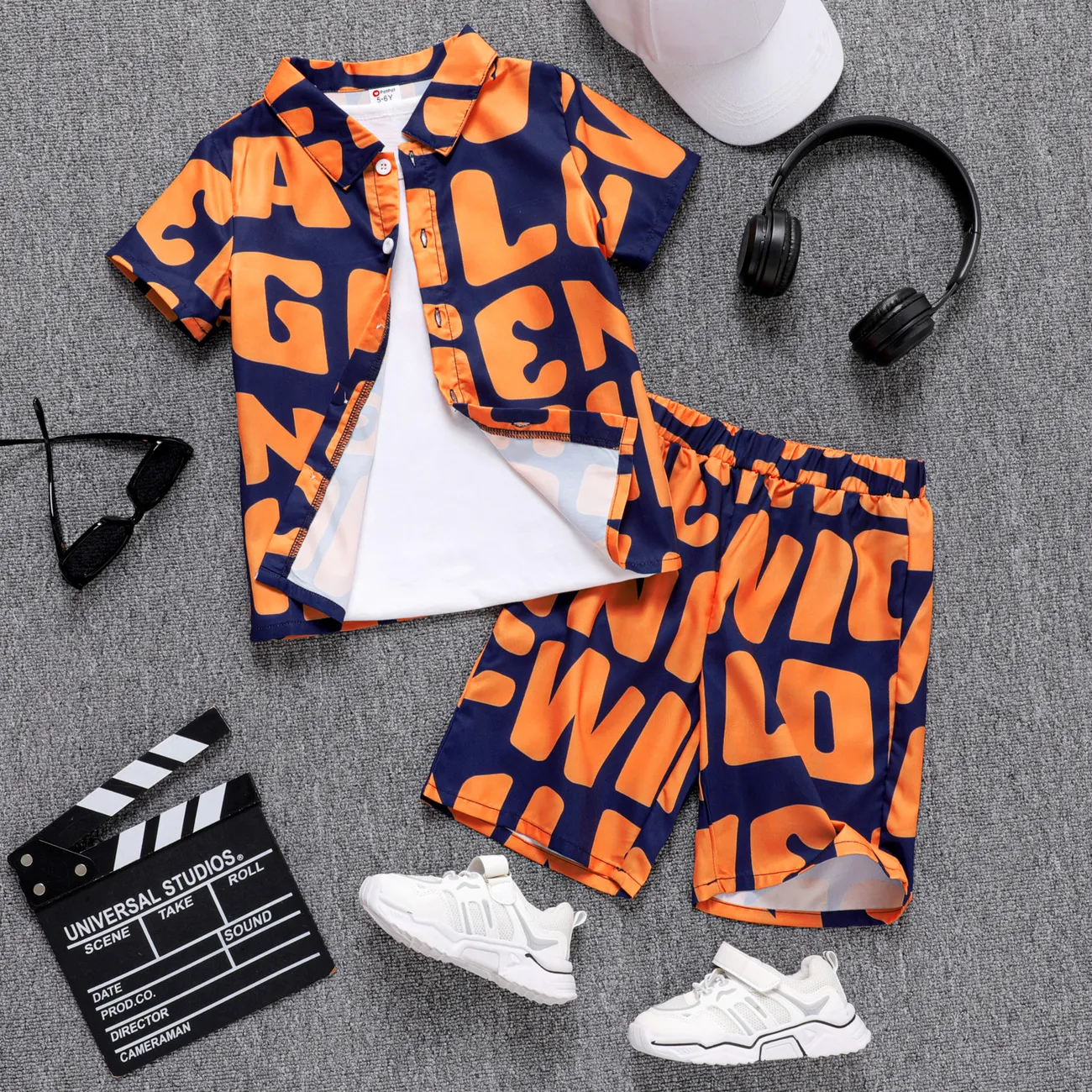 2pcs Kid Boy Allover Letter Print Short-sleeve Shirt and Shorts Set big image 1