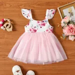 Baby Girl Bow Decor Floral Print Mesh Ruffle Dress Pink image 2