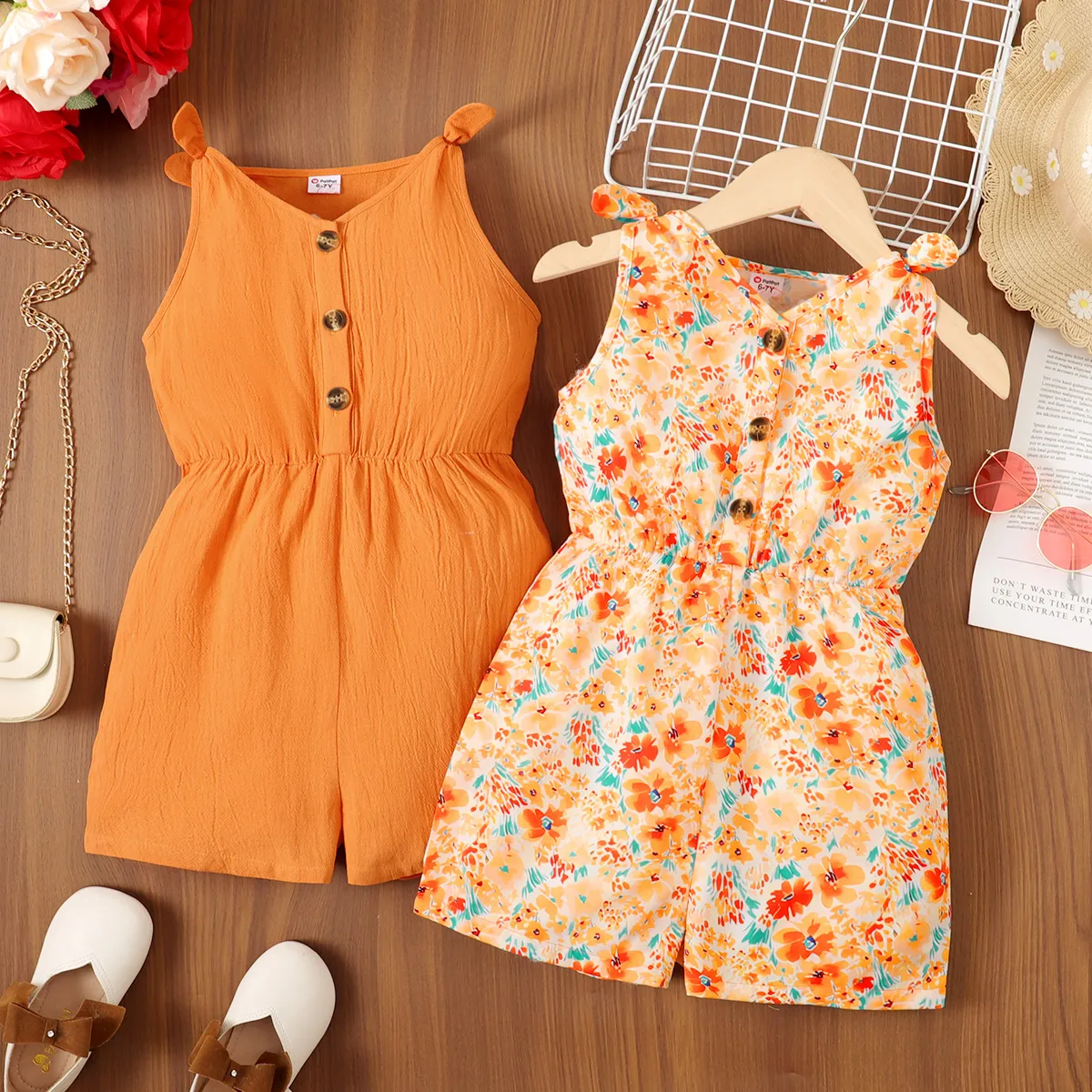 Kid Girl Floral Print/Solid Button Half Placket Knot Shoulder Tank Romper Orange image 2