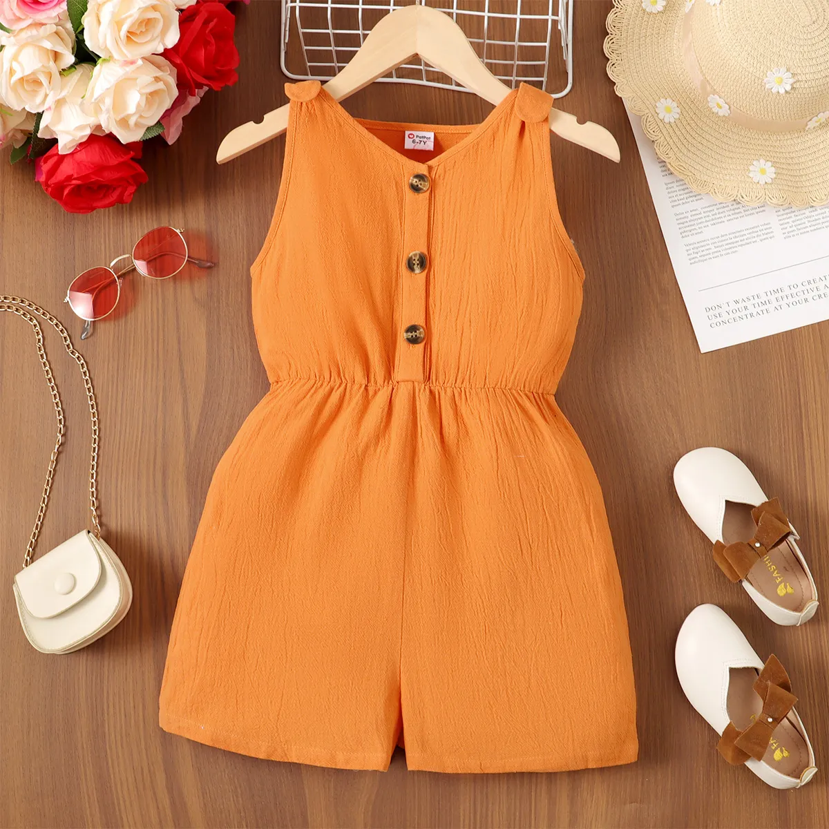 Kid Girl Floral Print/Solid Button Half Placket Knot Shoulder Tank Romper Orange big image 1