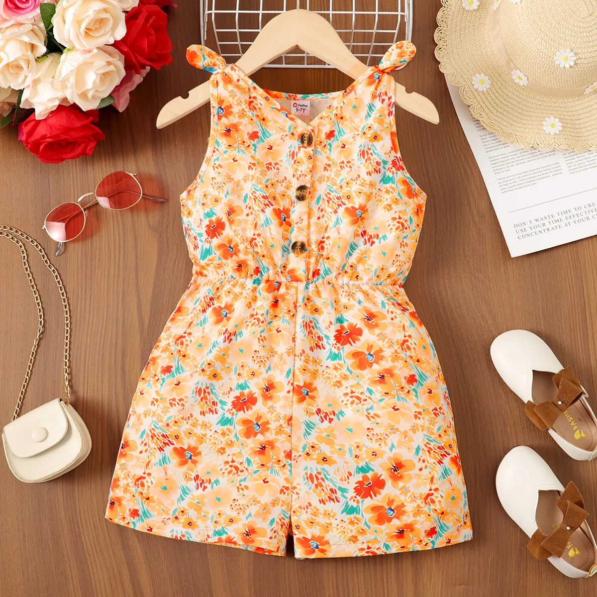 Kid Girl Floral Print/Solid Button Half Placket Knot Shoulder Tank Romper White