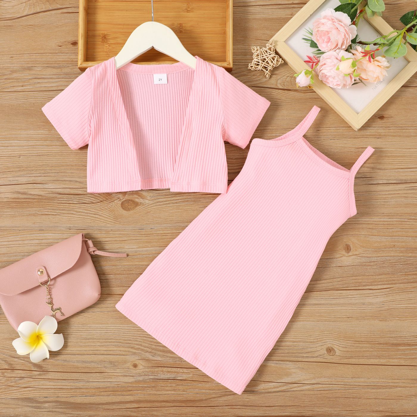 

2pcs Toddler Girl Pink Rib-knit Slip Dress and Cardigan Set