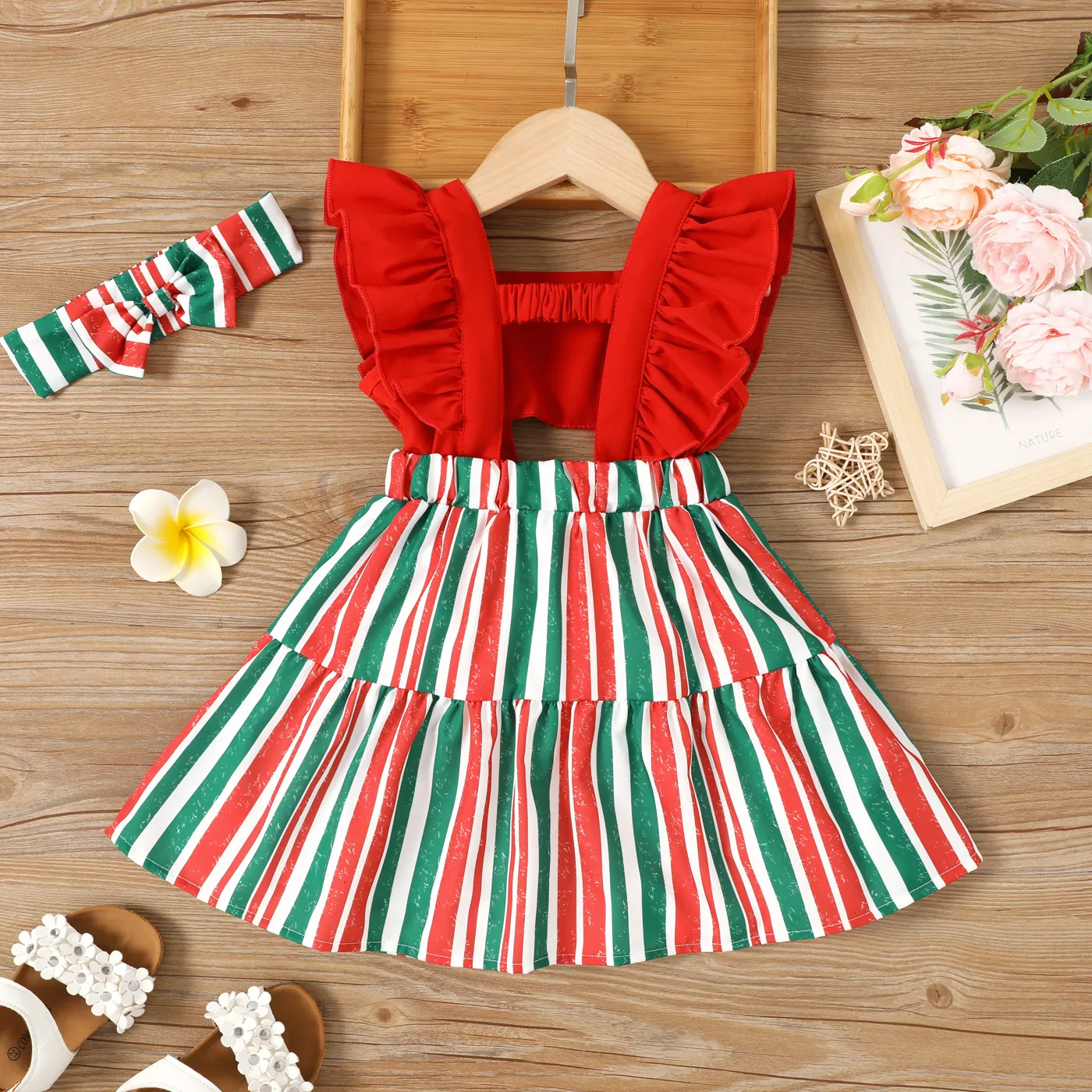 2pcs Toddler Girl Stripe Panel Bow Front Ruffled Tank Dress with Headband Red image 2