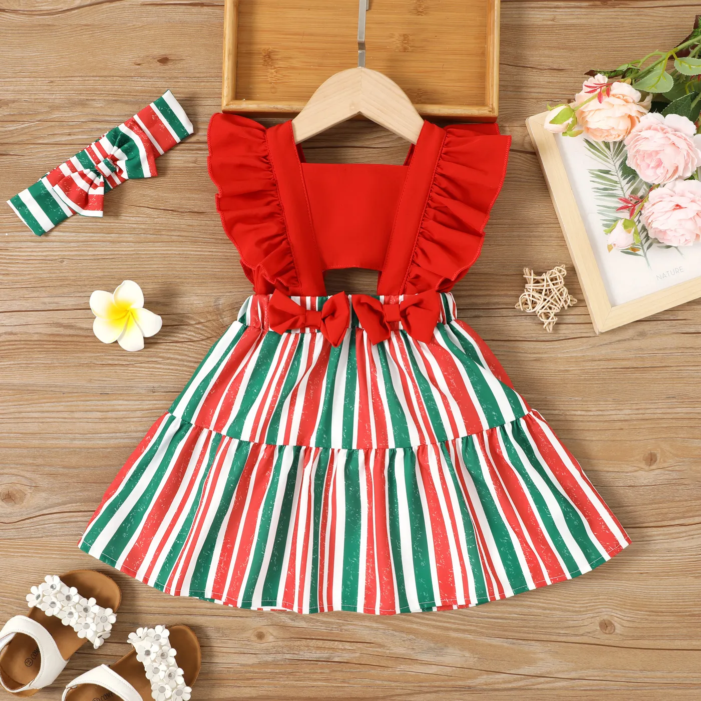 2pcs Toddler Girl Stripe Panel Bow Front Ruffled Tank Dress with Headband Red big image 1