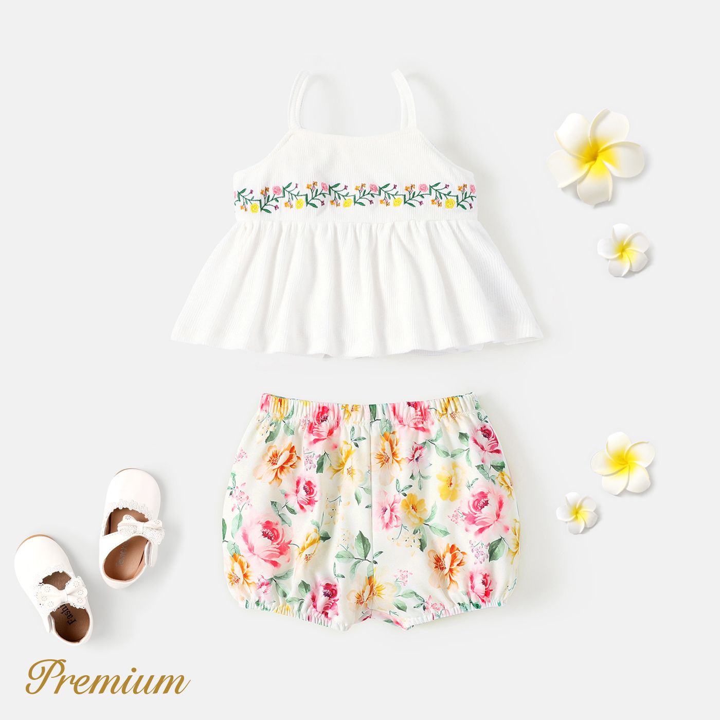 2pcs Baby Girl Floral Brodé Ruffle Hem Cami Top Et Floral Print Shorts Set