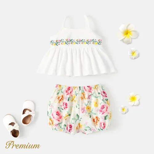 2pcs Baby Girl Floral Embroidered Ruffle Hem Cami Top and Floral Print Shorts Set