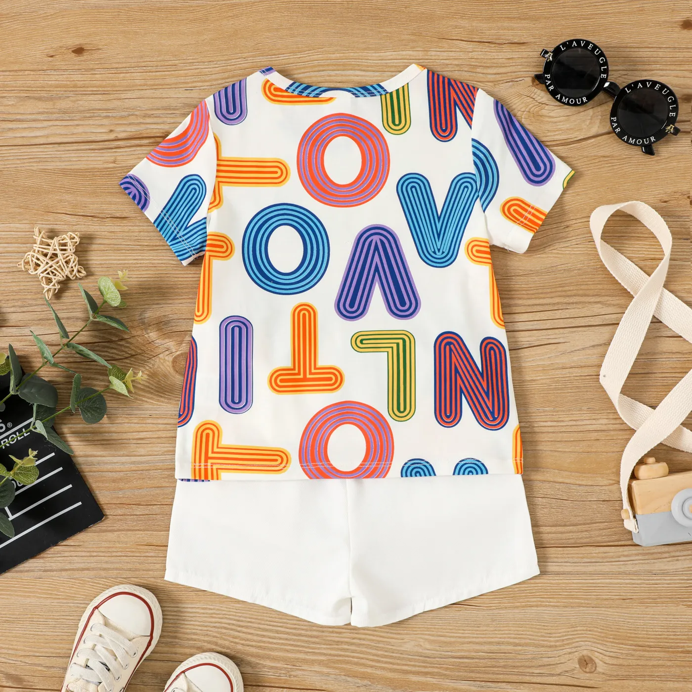 2pcs Toddler Boy Colorful Letter Print Short-sleeve Top and Shorts Set   White image 2