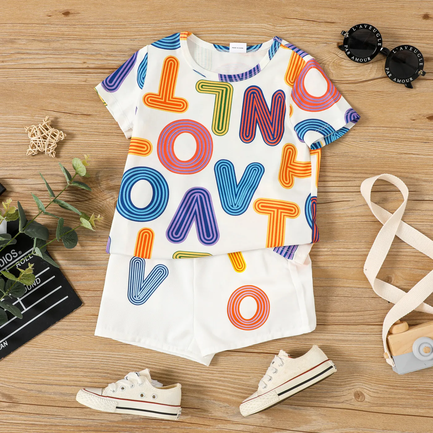 2pcs Toddler Boy Colorful Letter Print Short-sleeve Top and Shorts Set   White big image 1