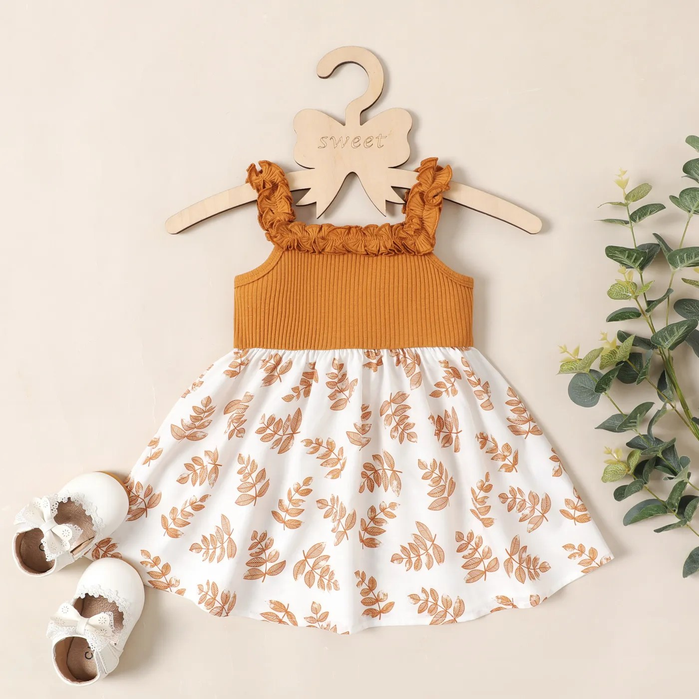 Baby Girl Plant Print Ribbed Combo Ruched Tank Dress YellowBrown big image 1