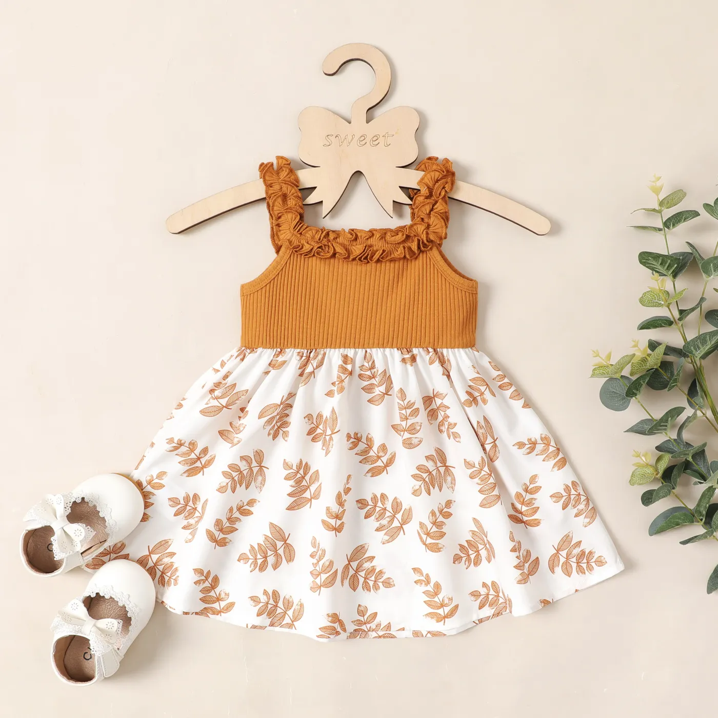 Baby Girl Plant Print Ribbed Combo Ruched Tank Dress YellowBrown image 2