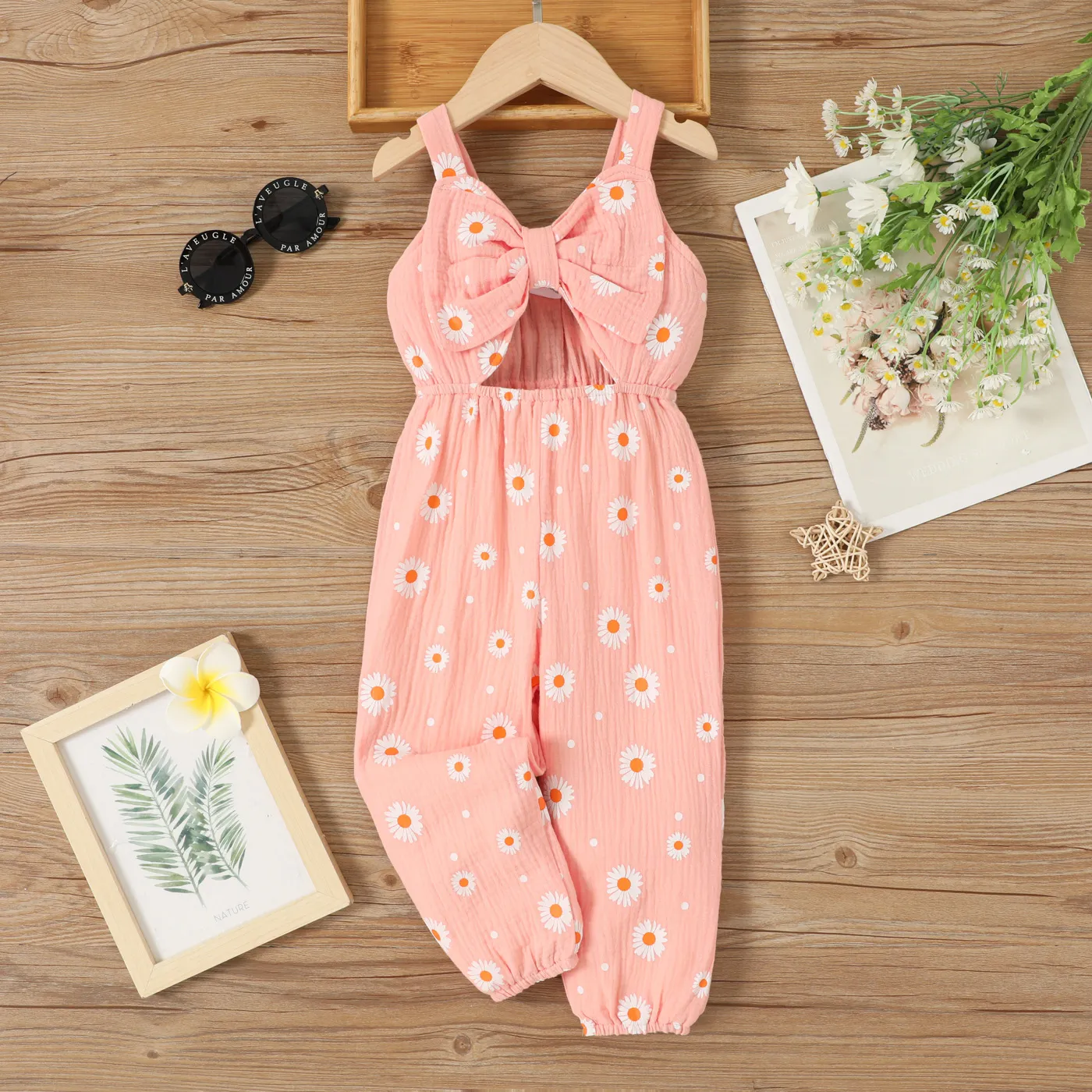 Toddler Girl Allover Daisy Print Bow Decor Cut Out Front Cami Jumpsuit
