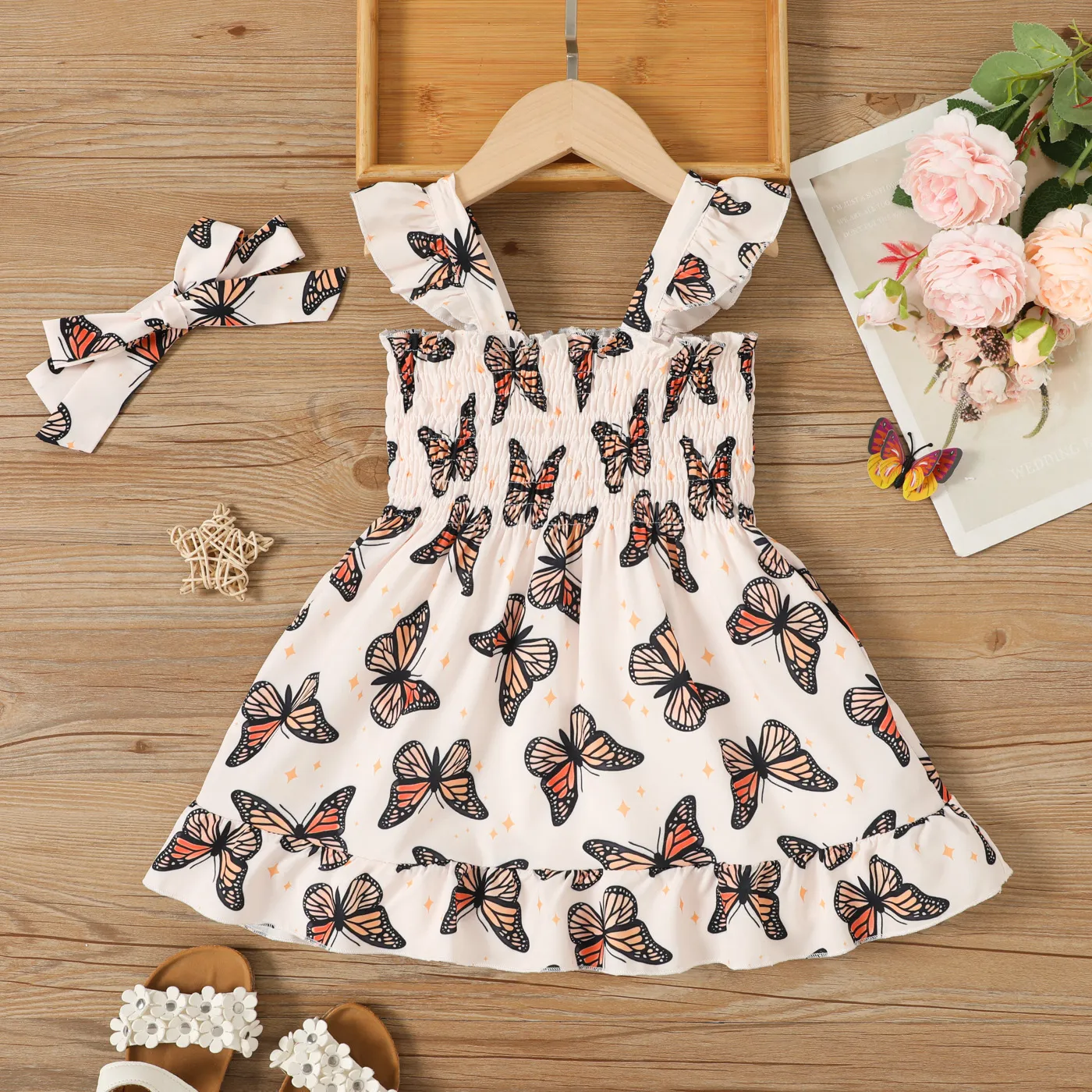 2pcs Toddler Girl Allover Butterfly Print Smocked Flutter-sleeve Dress with Headband Set