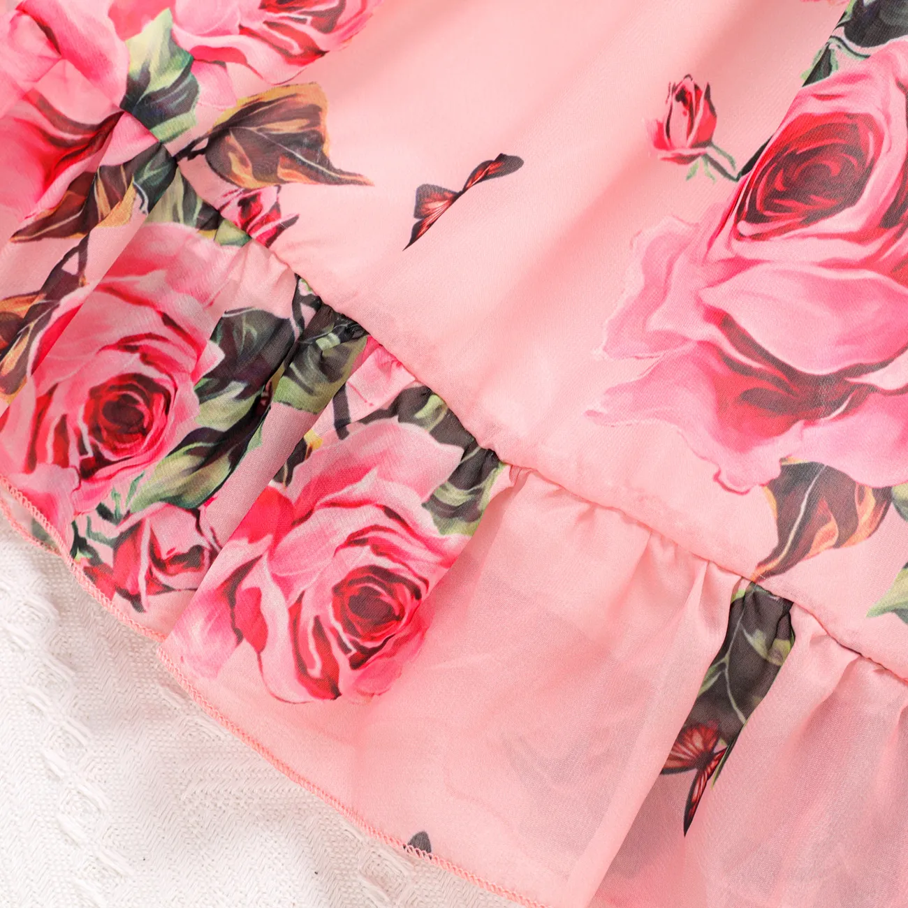 Kid Girl Allover Floral Rose Print Mesh Ruffled Slip Dress Pink big image 1