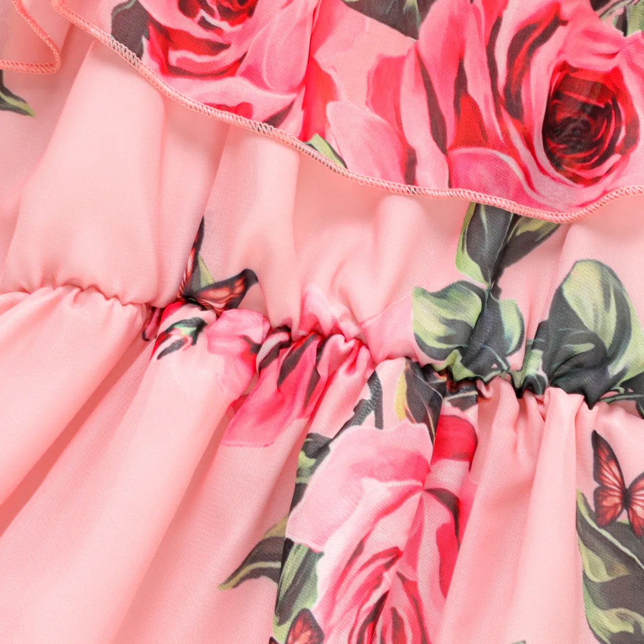 Kid Girl Allover Floral Rose Print Mesh Ruffled Slip Dress Pink big image 1