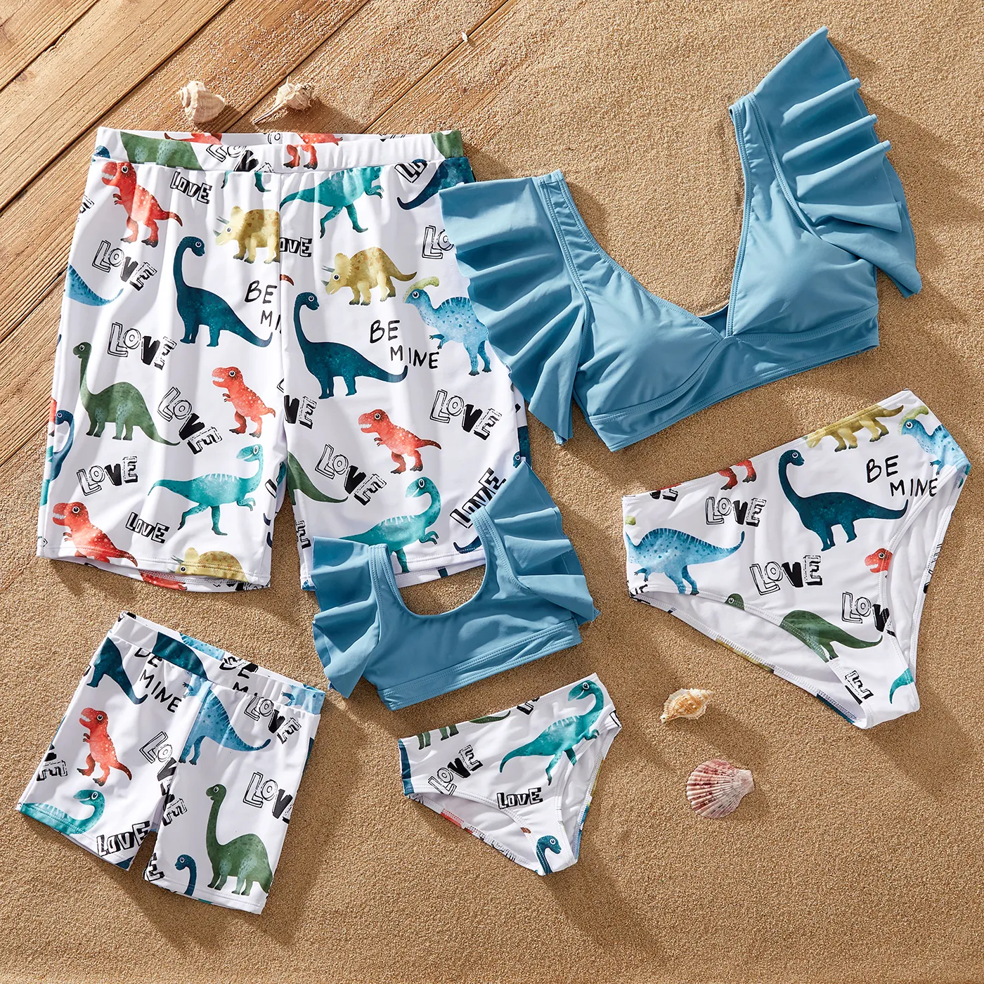 Family Matching Dinosaur Print Ruffled Two-piece Swimsuit Or Swim Trunks Shorts