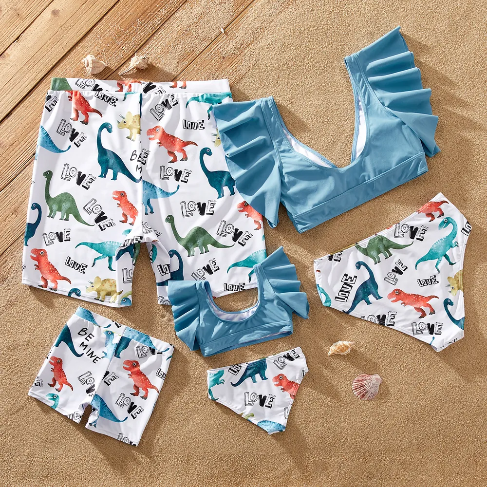 Family Matching Dinosaur Print Ruffled Two-piece Swimsuit or Swim Trunks Shorts big image 3