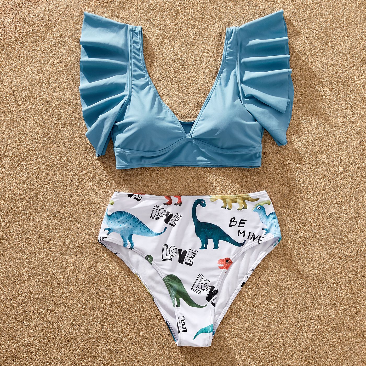 Family Matching Dinosaur Print Ruffled Two-piece Swimsuit Or Swim Trunks Shorts