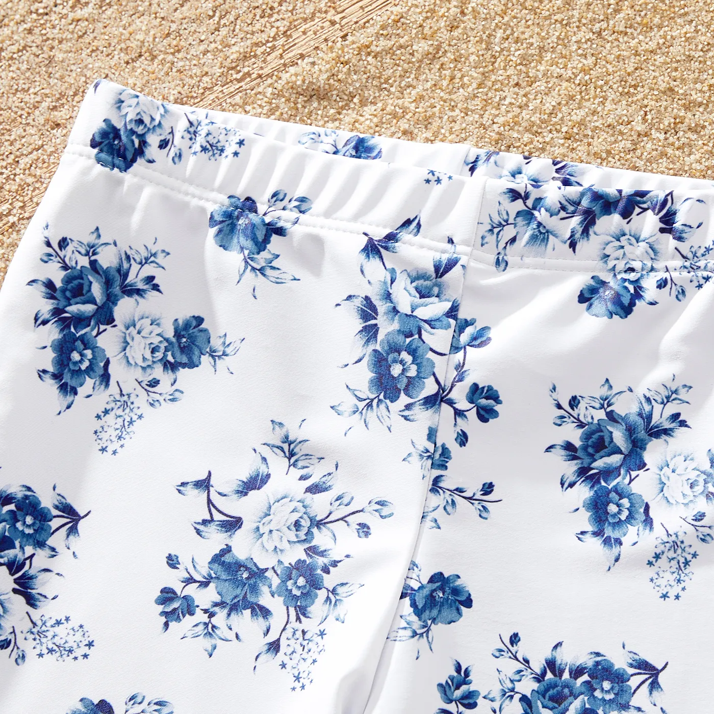 Family Matching Allover Floral Print Ruffled One-piece Swimsuit or Swim Trunks Shorts blue  white image 4