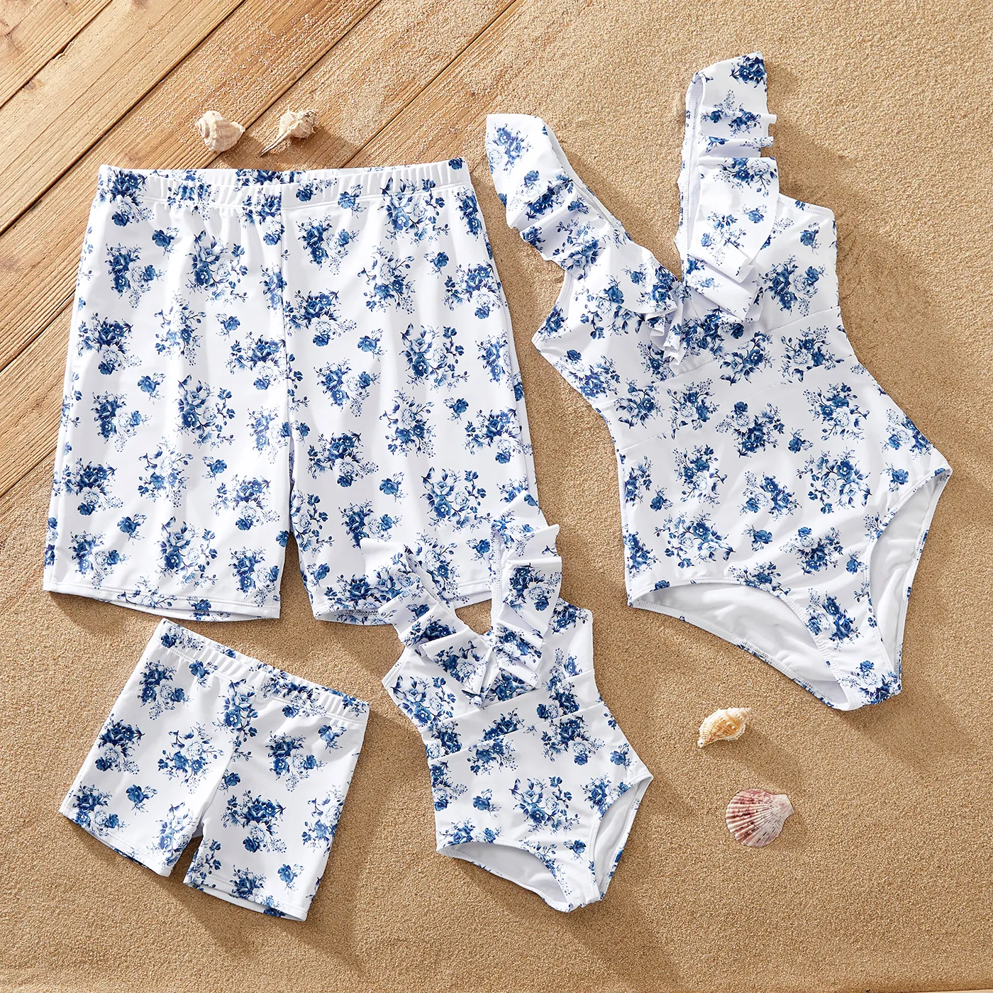 Family Matching Allover Floral Print Ruffled One-piece Swimsuit or Swim Trunks Shorts blue  white image 2