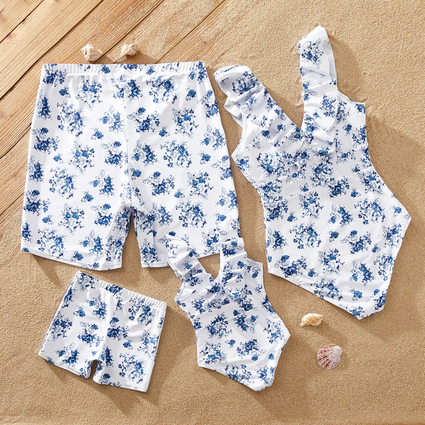 Family Matching Allover Floral Print Ruffled One-piece Swimsuit or Swim Trunks Shorts blue  white image 3