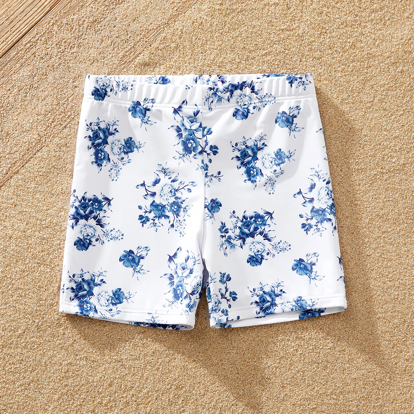 Family Matching Allover Floral Print Ruffled One-piece Swimsuit or Swim Trunks Shorts blue  white big image 1