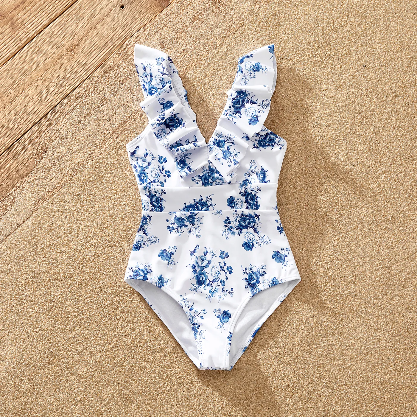 Family Matching Allover Floral Print Ruffled One-piece Swimsuit or Swim Trunks Shorts blue  white image 5
