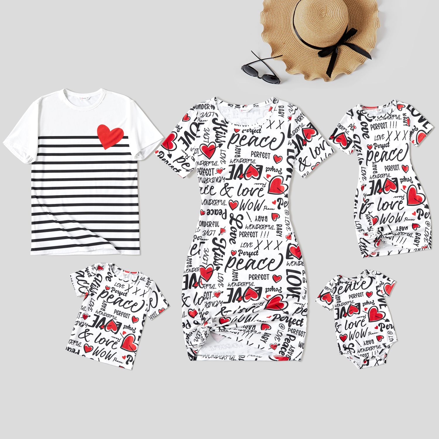 

Family Matching Sets Allover Heart & Letter Print Twist Knot Body-con Dresses or Short-sleeve Striped T-shirts